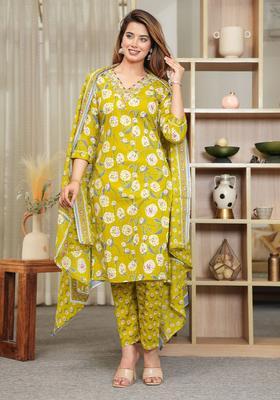 Lime Green Printed Cotton Kurta Set