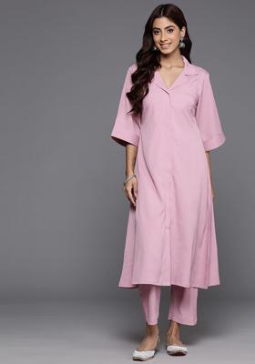 Pink Solid Silk Blend Kurta Set