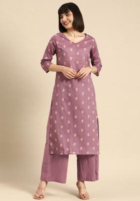 Mauve Printed Cotton Kurta Set