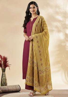 Purple Solid Cotton Kurta Set