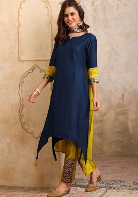 Navy Blue Solid Silk Kurta Set