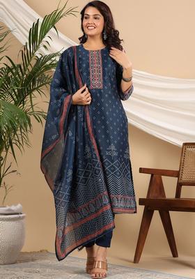 Navy Blue Printed Chanderi Kurta Set