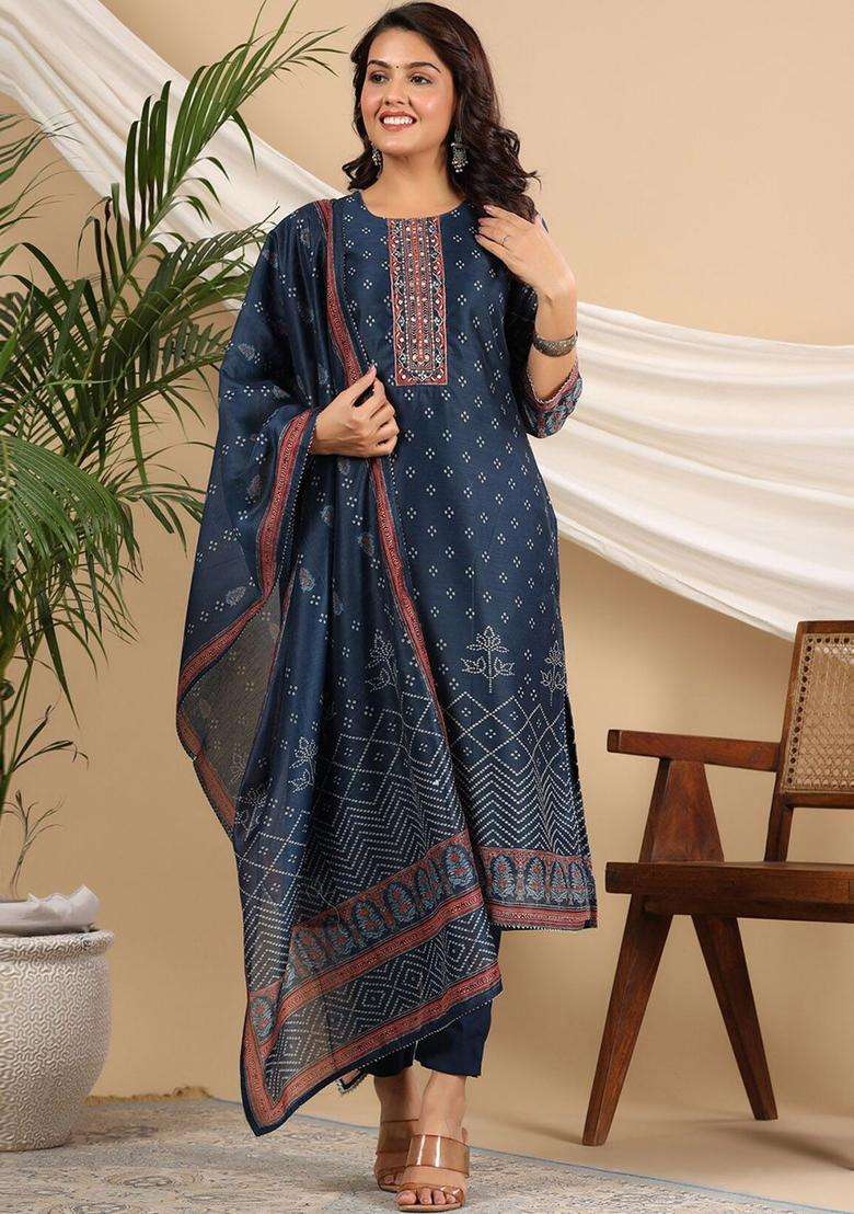 Navy Blue Printed Chanderi Kurta Set - Indya