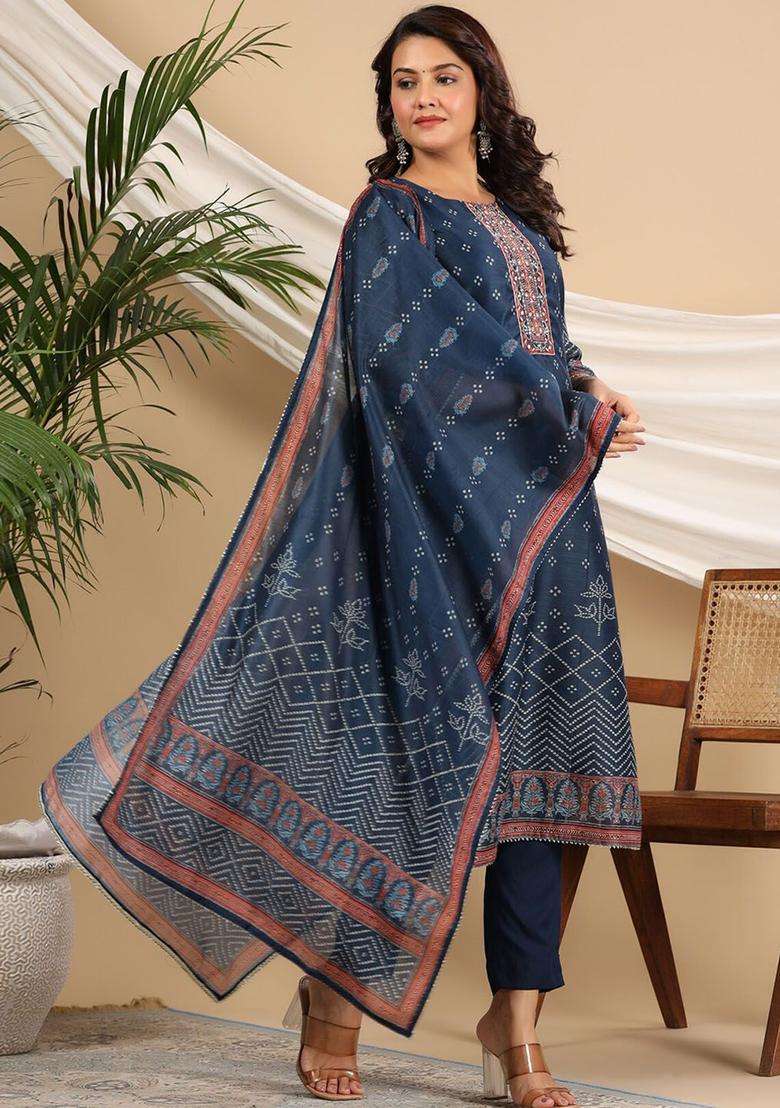 Navy Blue Printed Chanderi Kurta Set - Indya