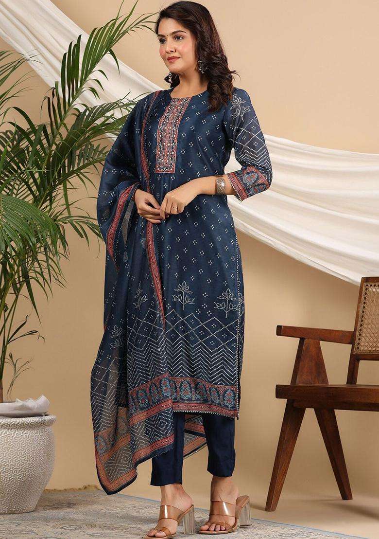 Navy Blue Printed Chanderi Kurta Set - Indya