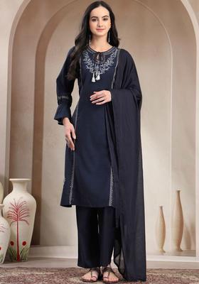 Navy Blue Embroidered Cotton Kurta Set
