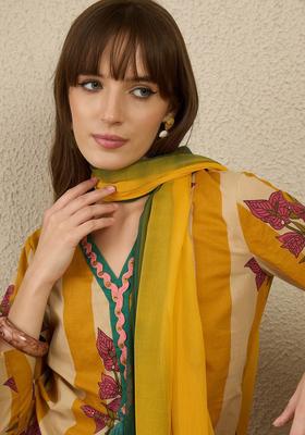 Yellow Striped Cotton Kurta Set