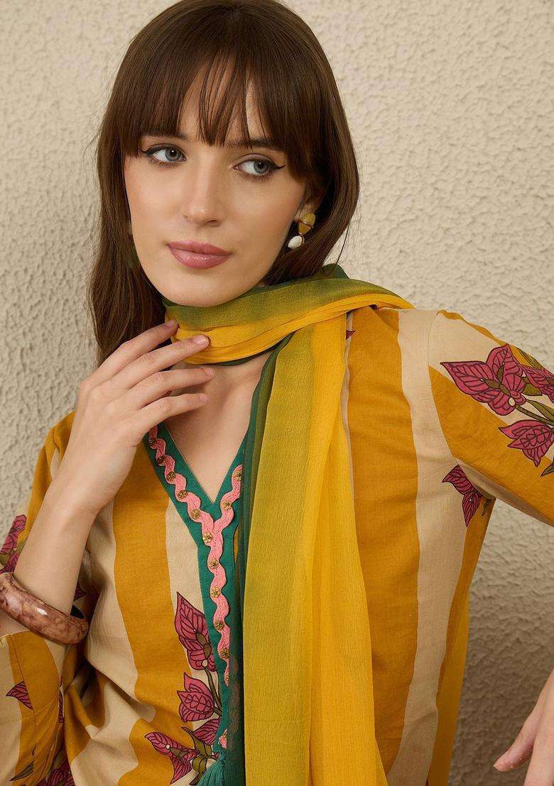 Yellow Striped Cotton Kurta Set - Indya