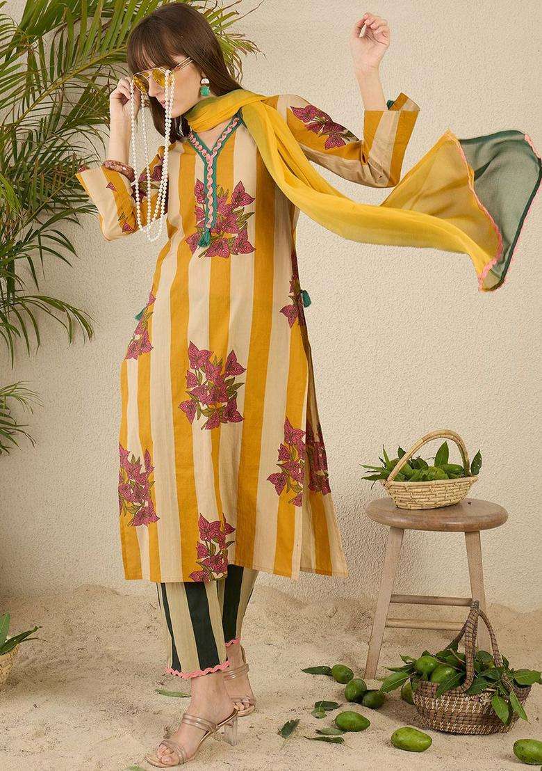 Yellow Striped Cotton Kurta Set - Indya