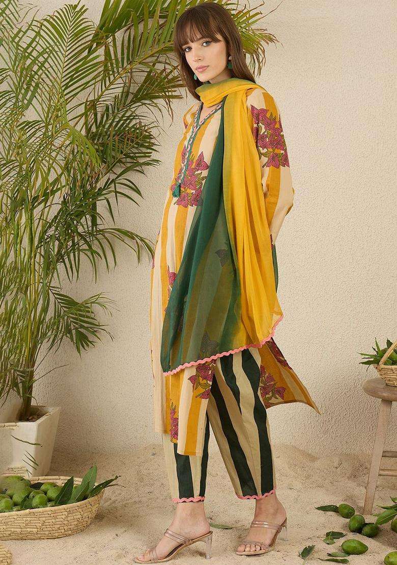 Yellow Striped Cotton Kurta Set - Indya