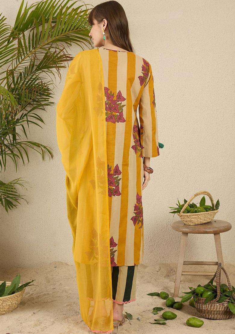 Yellow Striped Cotton Kurta Set - Indya