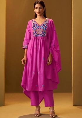 Magenta Embroidered Cotton Kurta Set
