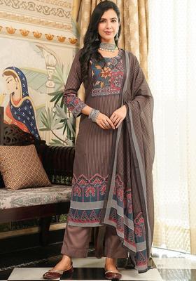 Brown Printed Cotton Kurta Set