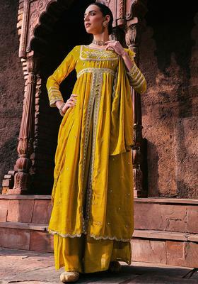 Mustard Embroidered Silk Sharara Set