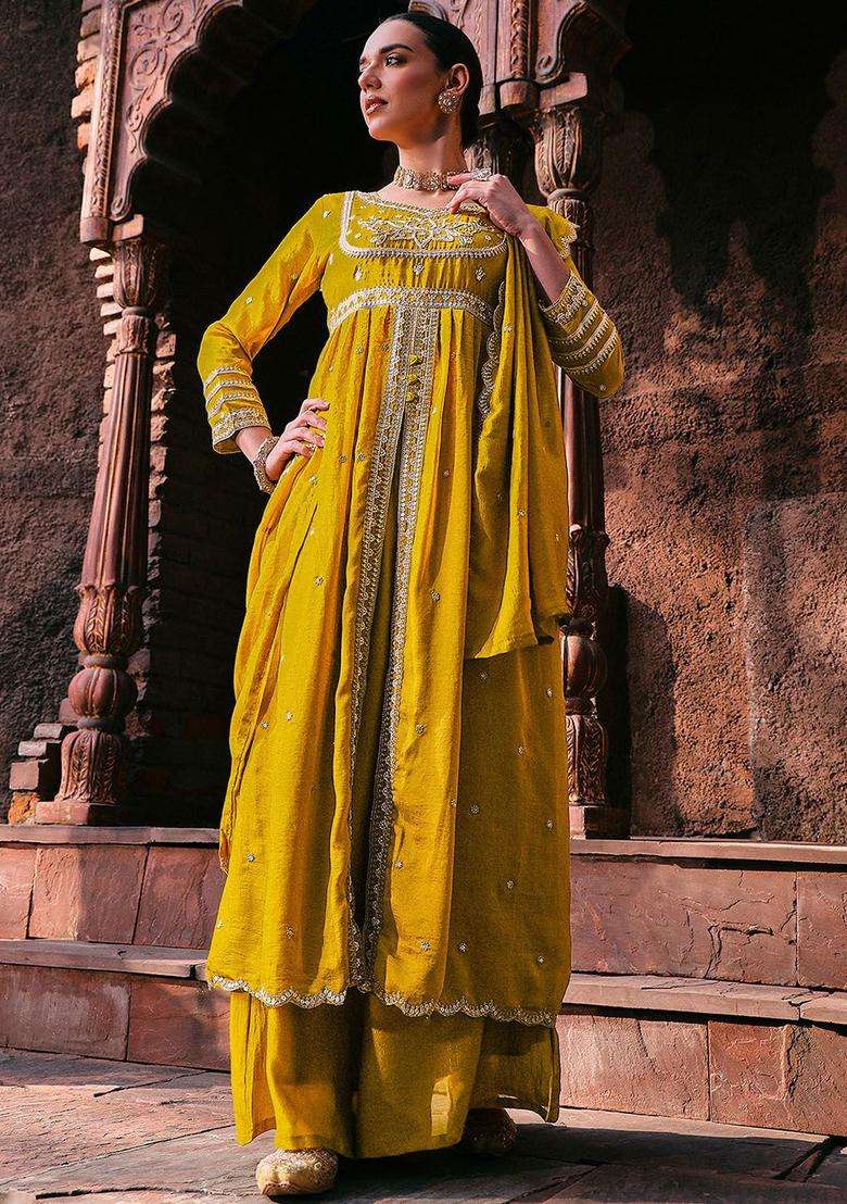 Mustard Embroidered Silk Sharara Set - Indya