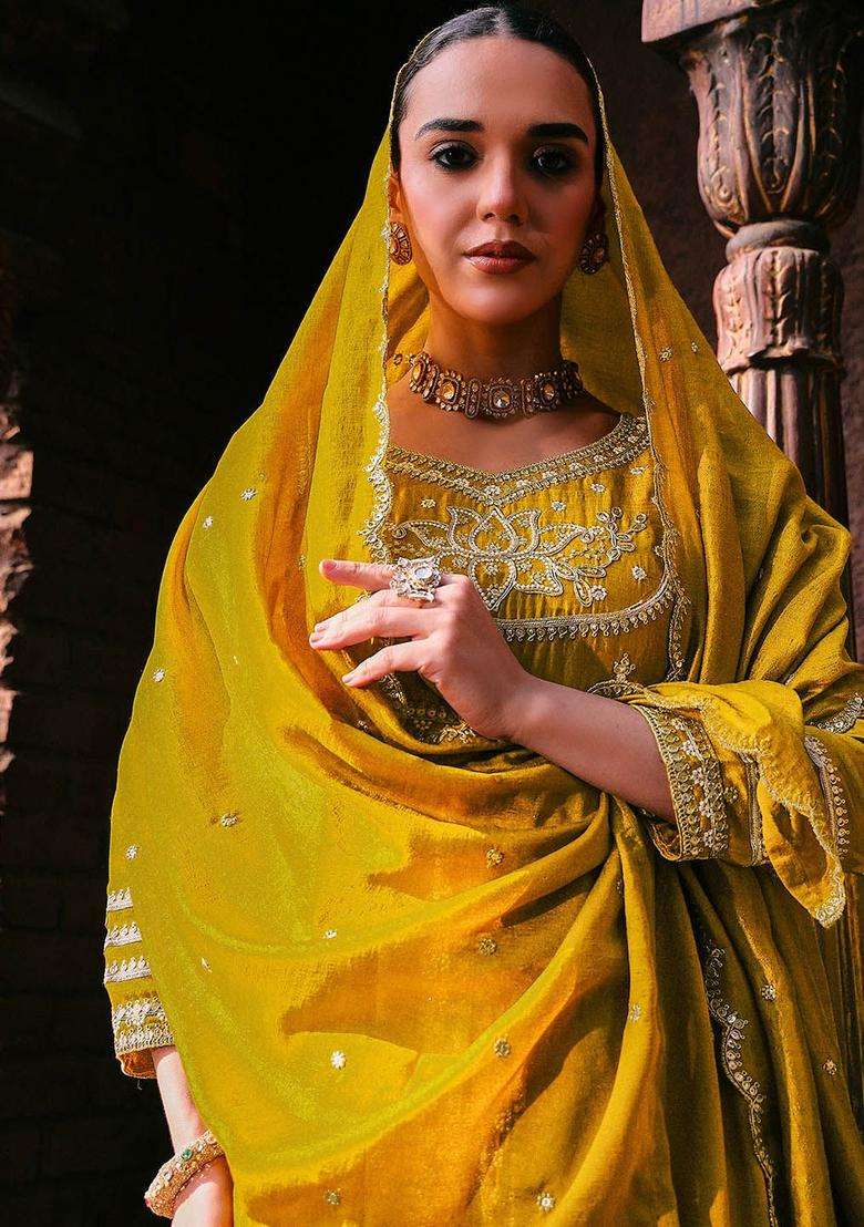 Mustard Embroidered Silk Sharara Set - Indya