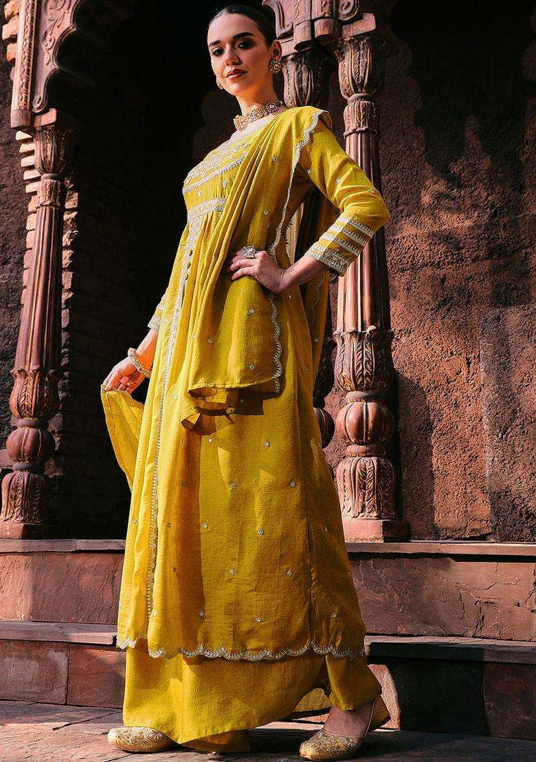 Mustard Embroidered Silk Sharara Set - Indya