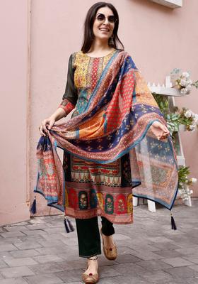 Yellow Printed Silk Blend Kurta Set