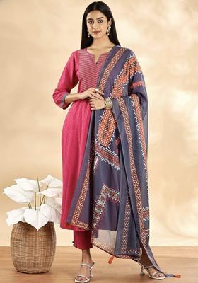 Pink Woven Design Cotton Kurta Set