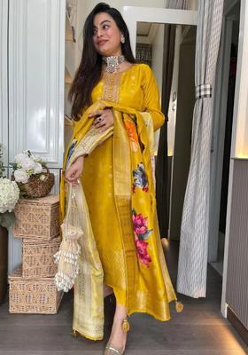 Mustard Embroidered Organza Kurta Set