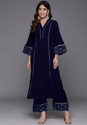 Navy Blue Solid Silk Kurta Set