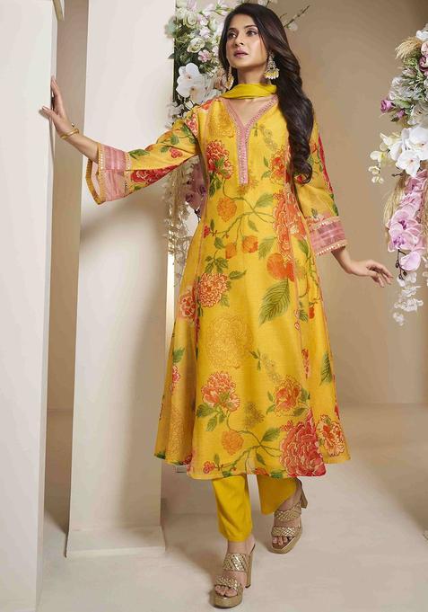 Yellow Printed Silk Anarkali Set — view on Indya