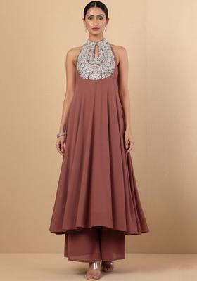 Brown Embroidered Silk Blend Kurta Set