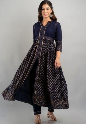 Navy Blue Printed Viscose Kurta Set