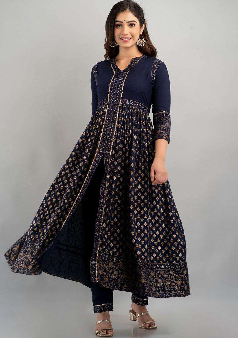 Navy Blue Printed Viscose Kurta Set - Indya