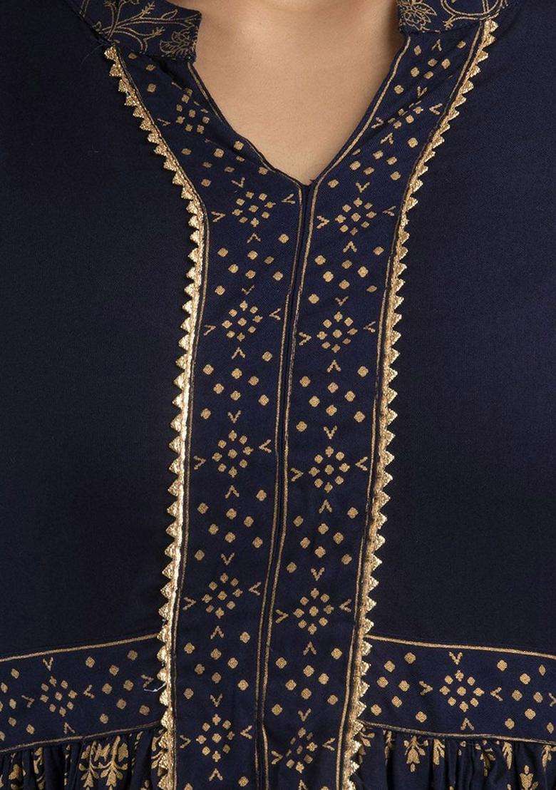 Navy Blue Printed Viscose Kurta Set - Indya