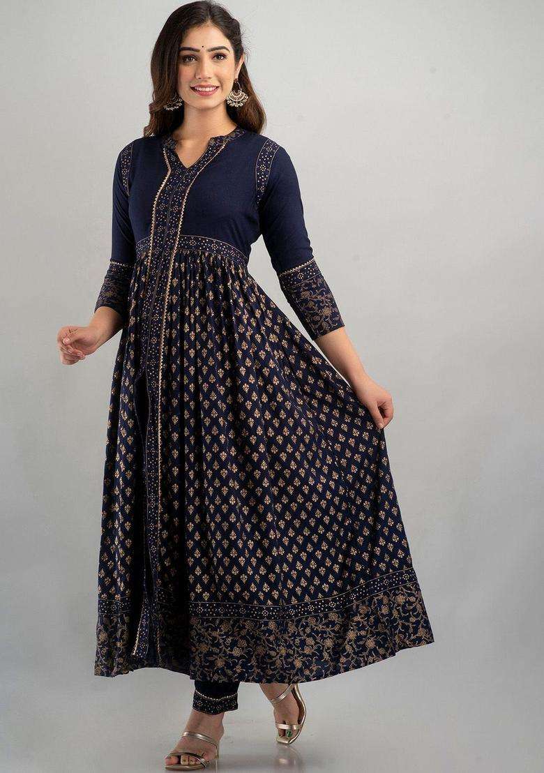 Navy Blue Printed Viscose Kurta Set - Indya