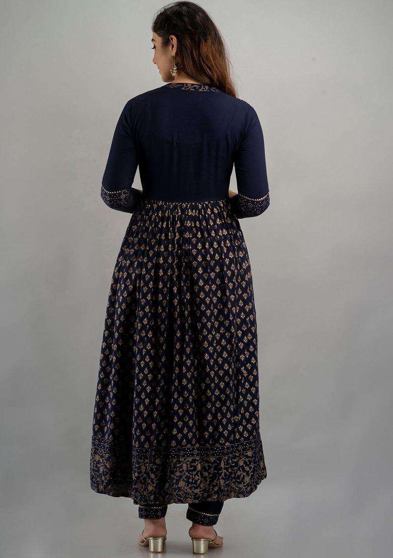 Navy Blue Printed Viscose Kurta Set - Indya