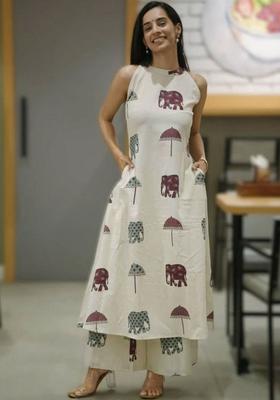 Off White Printed Viscose Kurta Set