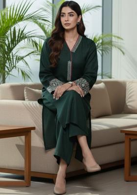 Green Self Design Cotton Kurta Set