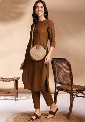 Olive Solid Cotton Kurta Set