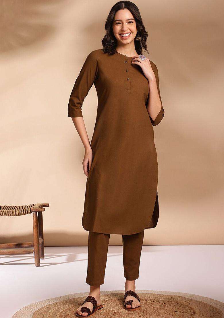 Olive Solid Cotton Kurta Set - Indya