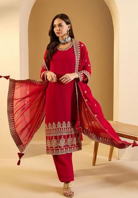 Red Embroidered Georgette Kurta Set