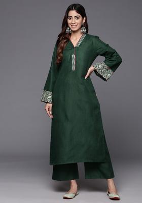Green Solid Cotton Kurta Set
