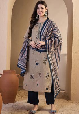 Beige Printed Cotton Kurta Set