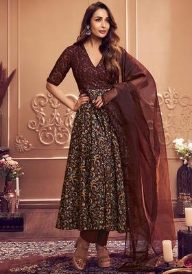 Brown Printed Organza Kurta Set