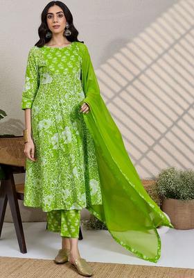 Lime Green Printed Cotton Kurta Set