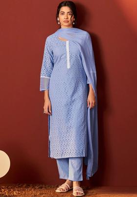 Blue Self Design Cotton Kurta Set