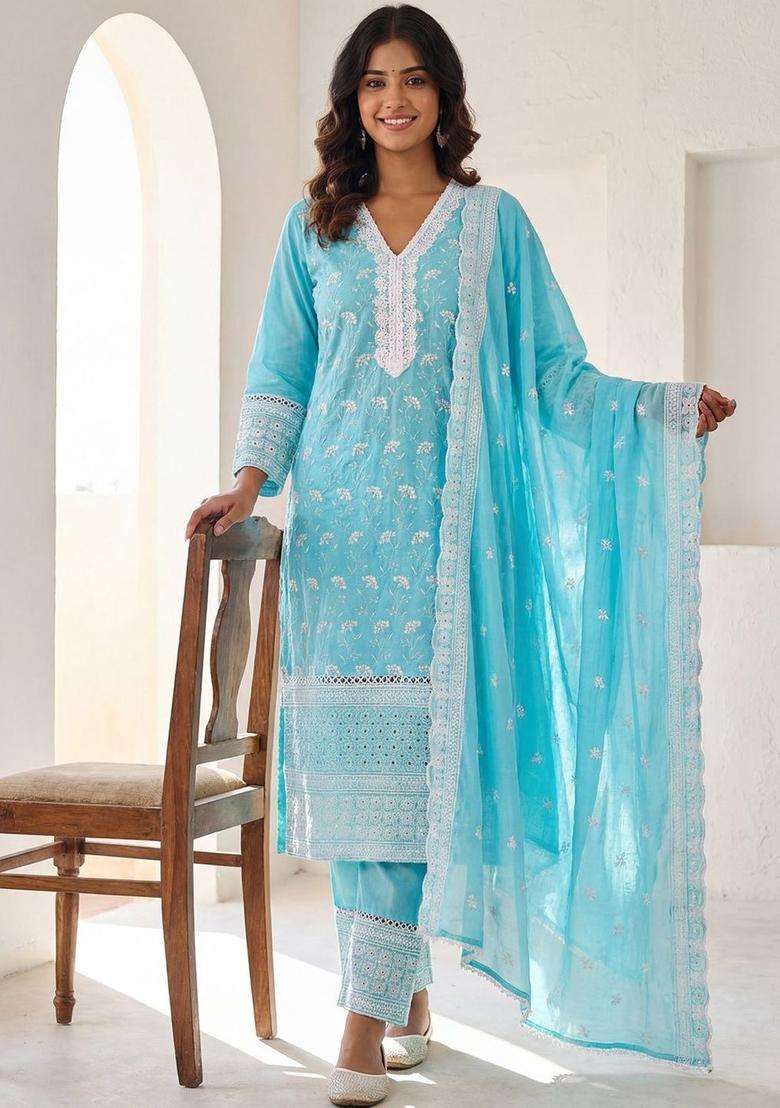 Turquoise Blue Embroidered Cotton Kurta Set - Indya