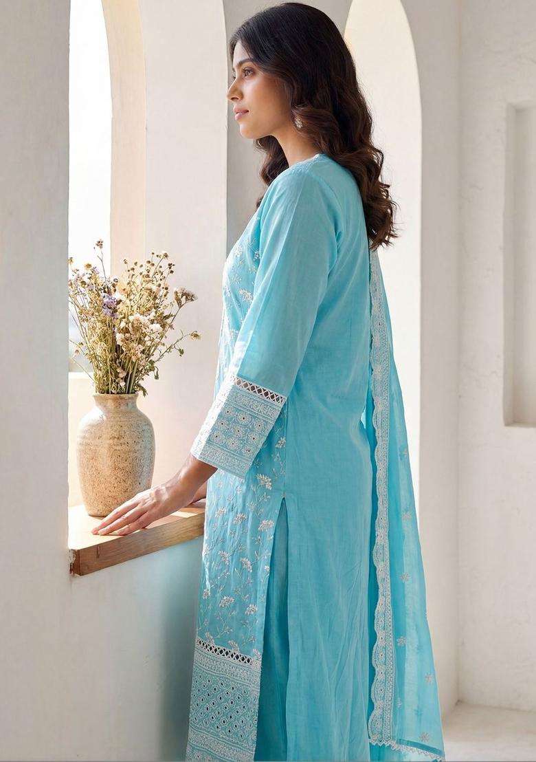 Turquoise Blue Embroidered Cotton Kurta Set - Indya