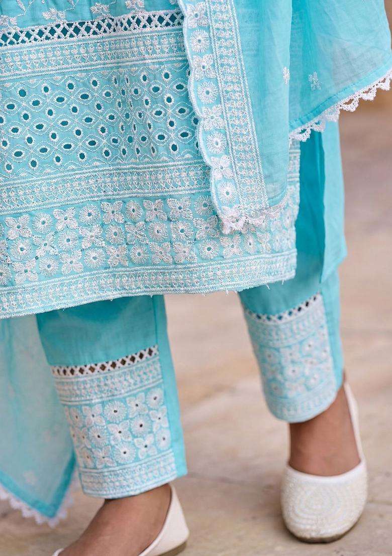 Turquoise Blue Embroidered Cotton Kurta Set - Indya