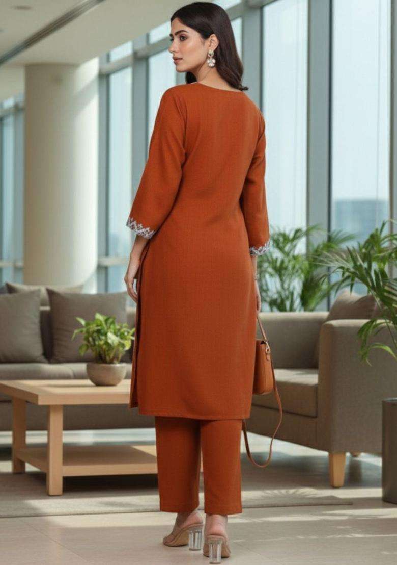 Brown Embroidered Cotton Kurta Set - Indya