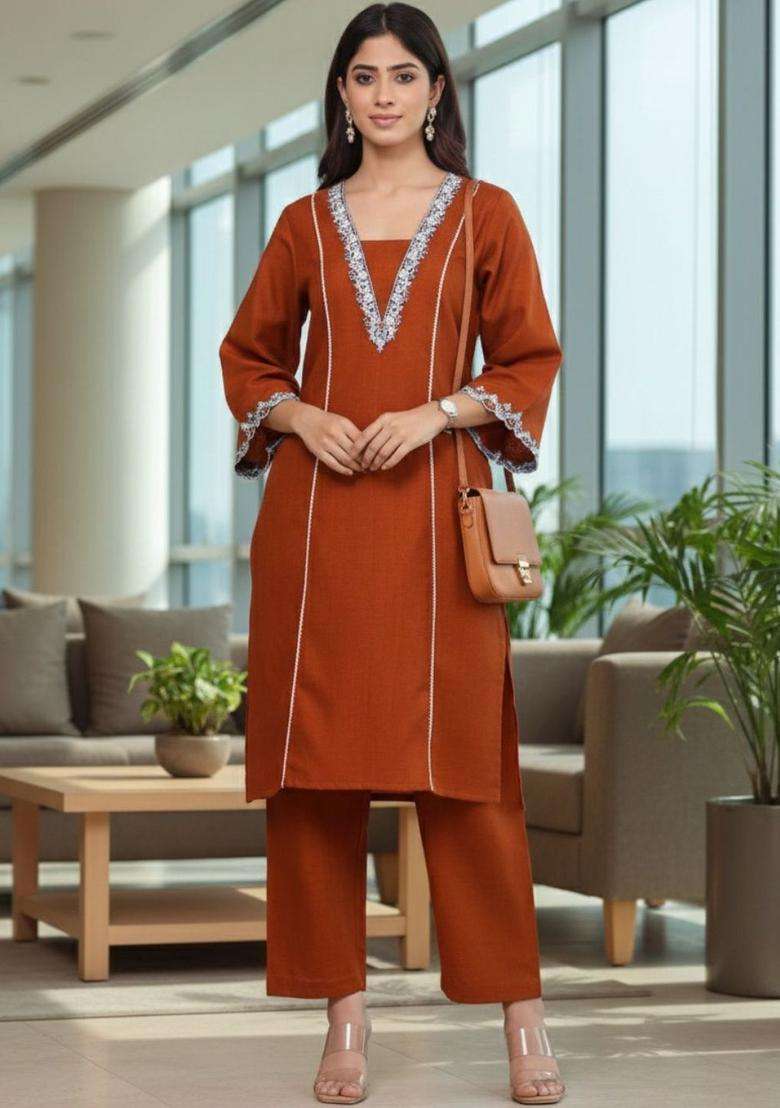 Brown Embroidered Cotton Kurta Set - Indya