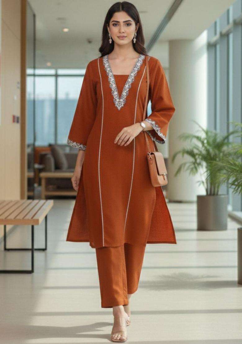 Brown Embroidered Cotton Kurta Set - Indya