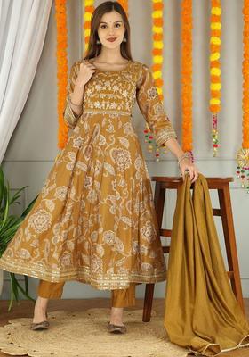 Mustard Printed Silk Anarkali Set