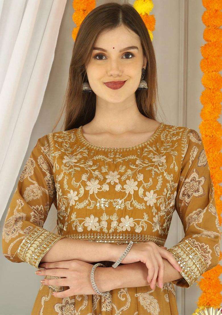 Mustard Printed Silk Blend Anarkali Set - Indya